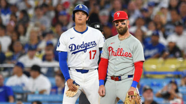 LOS ANGELES, CA - SEPTEMBER 16: Los Angeles Dodgers designated hitter Shohei Ohtani (17) looks on with Philadelphia Phillies first baseman Bryce Harper (3) during the MLB game between the Philadelphia Phillies and the Los Angeles Dodgers on September 16, 2025 at Dodger Stadium in Los Angeles, CA. (Photo by Brian Rothmuller/Icon Sportswire via Getty Images)