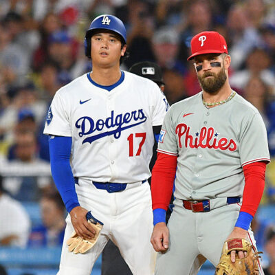 LOS ANGELES, CA - SEPTEMBER 16: Los Angeles Dodgers designated hitter Shohei Ohtani (17) looks on with Philadelphia Phillies first baseman Bryce Harper (3) during the MLB game between the Philadelphia Phillies and the Los Angeles Dodgers on September 16, 2025 at Dodger Stadium in Los Angeles, CA. (Photo by Brian Rothmuller/Icon Sportswire via Getty Images)