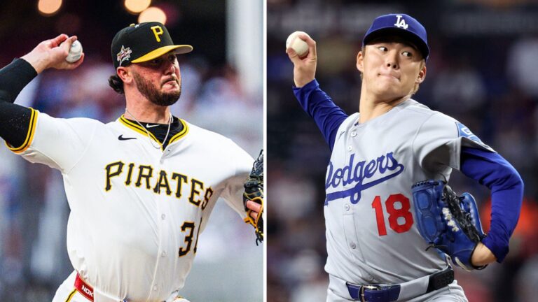 LEFT: Paul Skenes of the Pirates pitches during the MLB All-Star Game at Truist Park. (Photo by Matthew Grimes Jr./Atlanta Braves/Getty Images) RIGHT: Yoshinobu Yamamoto of the Dodgers pitches against the Diamondbacks during the first inning at Chase Field. (Photo by Chris Coduto/Getty Images)