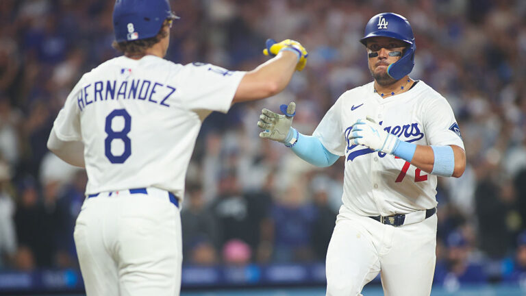 LOS ANGELES, CA - JUNE 20: Miguel Rojas #72 of the Los Angeles Dodgers celebrates with Enrique Hernández #8 after hitting a two-run home run during the game between the Washington Nationals and the Los Angeles Dodgers at Dodger Stadium on Friday, June 20, 2025 in Los Angeles, California. (Photo by Emma Sharon/MLB Photos via Getty Images)