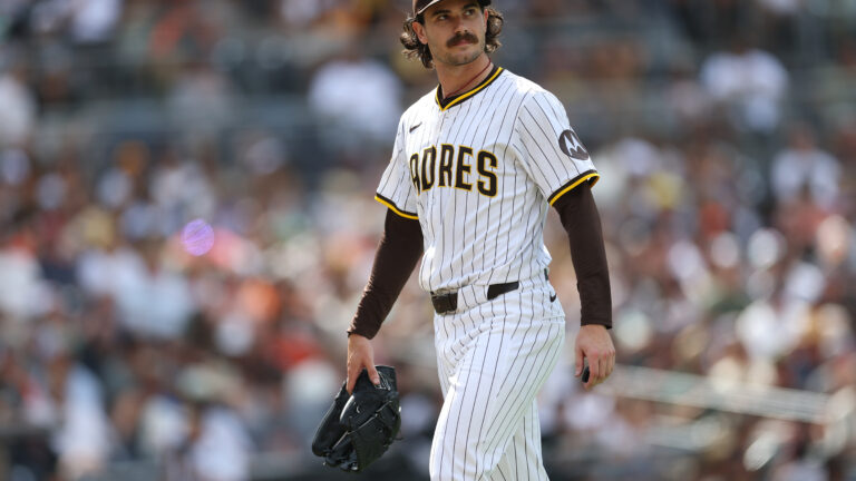 SAN DIEGO, CALIFORNIA - AUGUST 21: Dylan Cease #84 of the San Diego Padres walks to the dugout after being taken out of the game during the sixth inning of a game against the San Francisco Giants at Petco Park on August 21, 2025 in San Diego, California. (Photo by Sean M. Haffey/Getty Images)