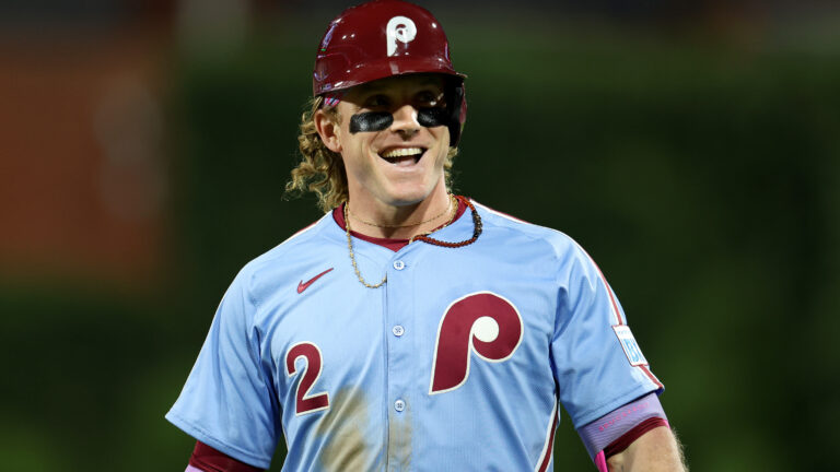 PHILADELPHIA, PENNSYLVANIA - AUGUST 28: Harrison Bader #2 of the Philadelphia Phillies smiles during a game against the Atlanta Braves at Citizens Bank Park on August 28, 2025 in Philadelphia, Pennsylvania. (Photo by Emilee Chinn/Getty Images)