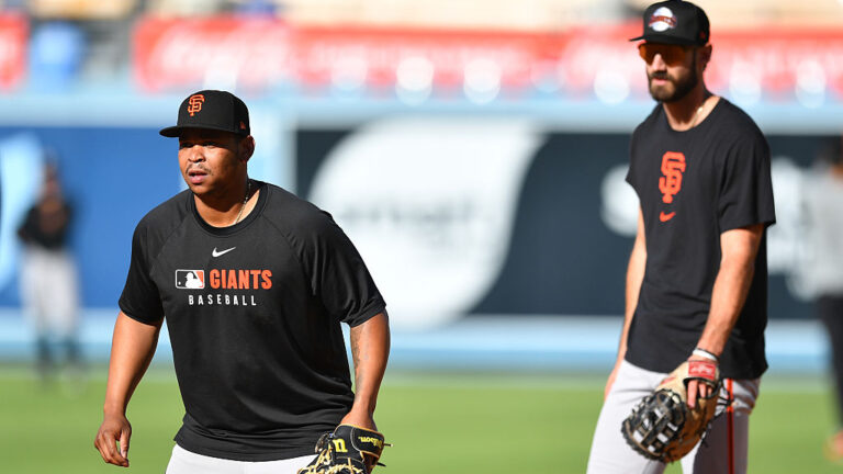 LOS ANGELES, CA - SEPTEMBER 20: San Francisco Giants first baseman Rafael Devers (16) works out with San Francisco Giants designated hitter Bryce Eldridge (78) before the MLB game between the San Francisco Giants and the Los Angeles Dodgers on September 20, 2025 at Dodger Stadium in Los Angeles, CA. (Photo by Brian Rothmuller/Icon Sportswire via Getty Images)