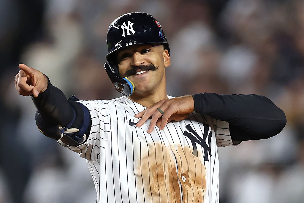 NEW YORK, NEW YORK - OCTOBER 01: Trent Grisham #12 of the New York Yankees reacts after hitting a double during the seventh inning against the Boston Red Sox in game two of the American League Wild Card Series at Yankee Stadium on October 01, 2025 in the Bronx borough of New York City. (Photo by Ishika Samant/Getty Images)