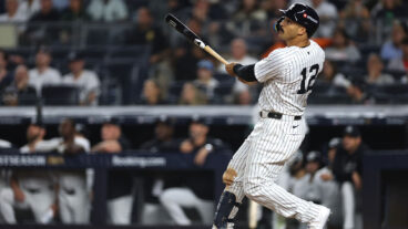 NEW YORK, NEW YORK - OCTOBER 07: Trent Grisham #12 of the New York Yankees swings against the Toronto Blue Jays during game three of the American League Division Series at Yankee Stadium on October 07, 2025 in the Bronx borough of New York City. (Photo by Ishika Samant/Getty Images)