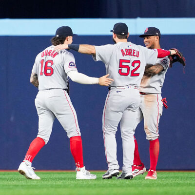 TORONTO, ON - SEPTEMBER 24: Jarren Duran #16, Wilyer Abreu #52, and Ceddanne Rafaela #3 of the Boston Red Sox celebrate after their team defeated the Toronto Blue Jays in their MLB game at Rogers Centre on September 24, 2025 in Toronto, Ontario, Canada. (Photo by Mark Blinch/Getty Images)