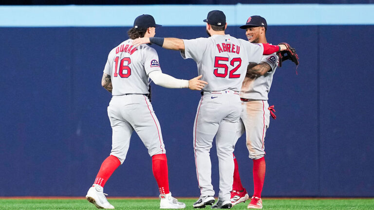 TORONTO, ON - SEPTEMBER 24: Jarren Duran #16, Wilyer Abreu #52, and Ceddanne Rafaela #3 of the Boston Red Sox celebrate after their team defeated the Toronto Blue Jays in their MLB game at Rogers Centre on September 24, 2025 in Toronto, Ontario, Canada. (Photo by Mark Blinch/Getty Images)