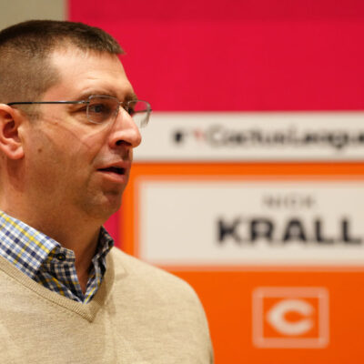 PHOENIX, AZ - FEBRUARY 15: Nick Krall, General Manager of the Cincinnati Reds, speaks to the media during the Spring Training Cactus League Media Day at Arizona Biltmore on Wednesday, February 15, 2023 in Phoenix, Arizona. (Photo by Daniel Shirey/MLB Photos via Getty Images)