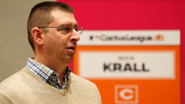PHOENIX, AZ - FEBRUARY 15: Nick Krall, General Manager of the Cincinnati Reds, speaks to the media during the Spring Training Cactus League Media Day at Arizona Biltmore on Wednesday, February 15, 2023 in Phoenix, Arizona. (Photo by Daniel Shirey/MLB Photos via Getty Images)
