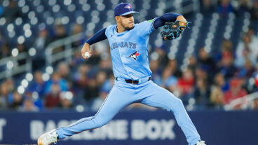 TORONTO, CANADA - APRIL 1: José Berríos #17 of the Toronto Blue Jays pitches in the first inning against the Washington Nationals at Rogers Centre on April 1, 2025 in Toronto, Ontario, Canada. (Photo by Cole Burston/Getty Images)