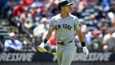 CLEVELAND, OHIO - APRIL 23: Anthony Volpe #11 of the New York Yankees reacts after striking out during the fifth inning against the Cleveland Guardians at Progressive Field on April 23, 2025 in Cleveland, Ohio. (Photo by Nick Cammett/Diamond Images via Getty Images)