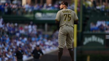 CHICAGO, IL - OCTOBER 01: Robert Suarez #75 of the San Diego Padres looks on during Game Two of the National League Wild Card Series between the San Diego Padres and the Chicago Cubs at Wrigley Field on Wednesday, October 1, 2025 in Chicago, Illinois. (Photo by Mary DeCicco/MLB Photos via Getty Images)