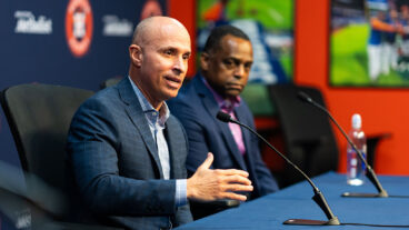 HOUSTON, TEXAS - SEPTEMBER 30: Manager Joe Espada of the Houston Astros speaks with General Manager Dana Brown during an end of season press conference at Daikin Park on September 30, 2025 in Houston, Texas. (Photo by Houston Astros/Getty Images)