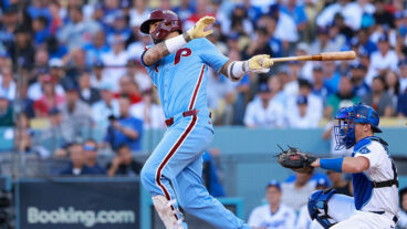 LOS ANGELES, CA - OCTOBER 09: Nick Castellanos #8 of the Philadelphia Phillies hits a RBI double in the seventh inning during Game Four of the National League Division Series presented by Booking.com between the Philadelphia Phillies and the Los Angeles Dodgers at Dodger Stadium on Thursday, October 9, 2025 in Los Angeles, California. (Photo by Nicole Vasquez/MLB Photos via Getty Images)