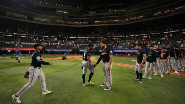 ARLINGTON, TEXAS - SEPTEMBER 19: Xavier Edwards #9 of the Miami Marlins, Otto Lopez #6 of the Miami Marlins, Agustin Ramirez #50 of the Miami Marlins and Heriberto Hernandez #64 of the Miami Marlins celebrate after defeating the Texas Rangers at Globe Life Field on September 19, 2025 in Arlington, Texas. (Photo by Jasen Vinlove/Miami Marlins/Getty Images)