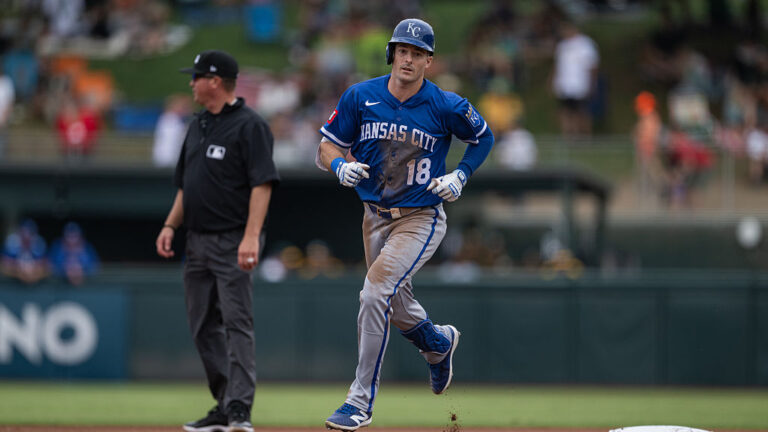 SACRAMENTO, CALIFORNIA - SEPTEMBER 28: Mike Yastrzemski #18 of the Kansas City Royals rounds the bases after hitting a solo home run in the top of the seventh inning against the Athletics at Sutter Health Park on September 28, 2025 in Sacramento, California. (Photo by Justine Willard/Athletics/Getty Images)
