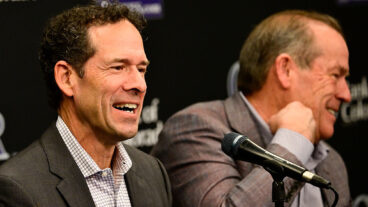 DENVER, CO - NOVEMBER 13: Colorado Rockies new President of Baseball Operations Paul DePodesta, left, and Rockies owner Dick Monfort during DePodesta's introductory press conference at Coors Field in Denver, Colorado on Thursday, November 13, 2025. (Photo by Andy Cross/MediaNews Group/The Denver Post via Getty Images)