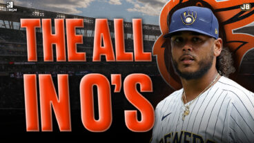 Freddy Peralta of the Brewers edited onto a background of Camden Yards in Baltimore. The text reads: "The All in O's (Orioles)"