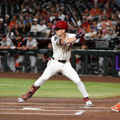 PHOENIX, ARIZONA - SEPTEMBER 15: Corbin Carroll #7 of the Arizona Diamondbacks gets ready in the batters box against the San Francisco Giants at Chase Field on September 15, 2025 in Phoenix, Arizona. (Photo by Norm Hall/Getty Images)