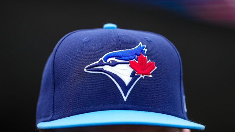 DETROIT, MICHIGAN - JULY 24: A detail of the Toronto Blue Jays logo on a hat during the game against the Detroit Tigers at Comerica Park on July 24, 2025 in Detroit, Michigan. (Photo by Nic Antaya/Getty Images)
