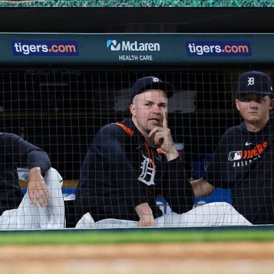 DETROIT, MI - SEPTEMBER 2: Pitcher Jack Flaherty #9 of the Detroit Tigers, left, watches the game as pitcher Tarik Skubal #29 and pitcher Reese Olson #45, right, talk during the ninth inning of a game against the New York Mets at Comerica Park on September 2, 2025 in Detroit, Michigan. (Photo by Duane Burleson/Getty Images)