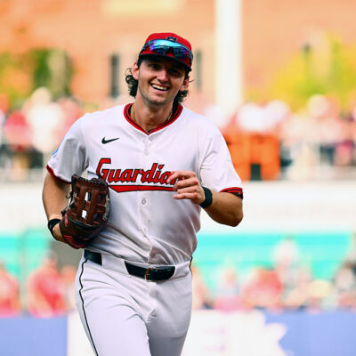 CLEVELAND, OH - OCTOBER 02: Chase DeLauter #34 of the Cleveland Guardians jogs back to the dugout during Game Three of the American League Wild Card Series between the Detroit Tigers and the Cleveland Guardians at Progressive Field on Thursday, October 2, 2025 in Cleveland, Ohio. (Photo by Ben Jackson/MLB Photos via Getty Images)