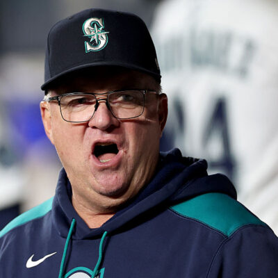 SEATTLE, WASHINGTON - APRIL 29: Hitting coach Kevin Seitzer of the Seattle Mariners reacts during the game against the Los Angeles Angels at T-Mobile Park on April 29, 2025 in Seattle, Washington. (Photo by Steph Chambers/Getty Images)