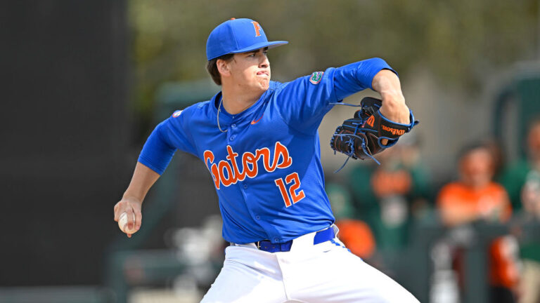 CORAL GABLES, FL - MARCH 02: Florida pitcher Liam Peterson (12) pitches in the first inning as the Miami Hurricanes faced the Florida Gators on March 2, 2024, at Mark Light Field at Alex Rodriguez Park in Coral Gables, Florida. (Photo by Samuel Lewis/Icon Sportswire via Getty Images)