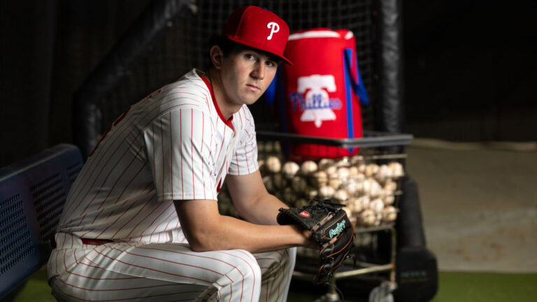 CLEARWATER, FL - FEBRUARY 20: Andrew Painter #76 of the Philadelphia Phillies poses for a photo during the Philadelphia Phillies Photo Day at BayCare Ballpark on Thursday, February 20, 2025 in Clearwater, Florida. (Photo by Mike Carlson/MLB Photos via Getty Images)