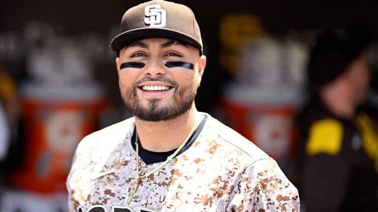 SAN DIEGO, CALIFORNIA - APRIL 27: Tirso Ornelas #21 of the San Diego Padres looks on before the game against the Tampa Bay Rays at Petco Park on April 27, 2025 in San Diego, California. (Photo by Orlando Ramirez/Getty Images)