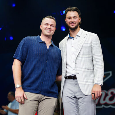 ATLANTA, GA - JULY 14: Tarik Skubal #29 of the Detroit Tigers and Paul Skenes #30 of the Pittsburgh Pirates pose for a photo during the All-Star Press Conference at Coca-Cola Roxy on Monday, July 14, 2025 in Atlanta, Georgia. (Photo by Daniel Shirey/MLB Photos via Getty Images)