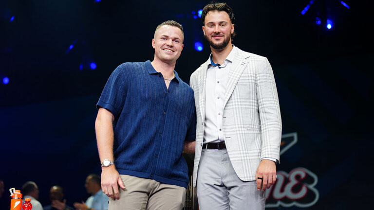 ATLANTA, GA - JULY 14: Tarik Skubal #29 of the Detroit Tigers and Paul Skenes #30 of the Pittsburgh Pirates pose for a photo during the All-Star Press Conference at Coca-Cola Roxy on Monday, July 14, 2025 in Atlanta, Georgia. (Photo by Daniel Shirey/MLB Photos via Getty Images)