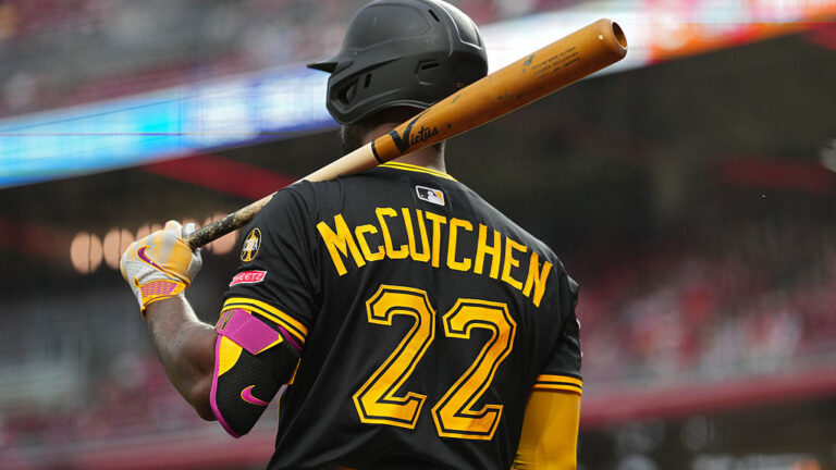 CINCINNATI, OHIO - SEPTEMBER 24: Andrew McCutchen #22 of the Pittsburgh Pirates warms up during a baseball game against the Cincinnati Reds at Great American Ball Park on September 24, 2025 in Cincinnati, Ohio. (Photo by Jeff Dean/Getty Images)