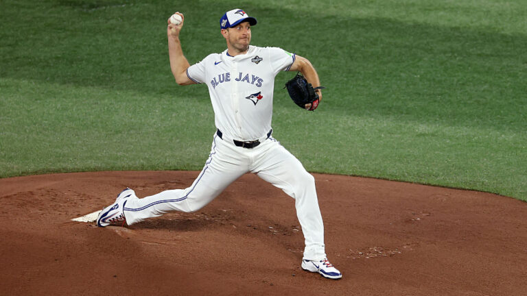TORONTO, ONTARIO - NOVEMBER 01: Max Scherzer #31 of the Toronto Blue Jays throws the first pitch against the Los Angeles Dodgers during the first inning in game seven of the 2025 World Series at Rogers Center on November 01, 2025 in Toronto, Ontario. (Photo by Patrick Smith/Getty Images)