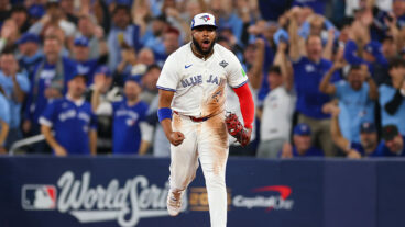 TORONTO, ONTARIO - NOVEMBER 01: Vladimir Guerrero Jr. #27 of the Toronto Blue Jays reacts after catching a line drive to end the top of the fourth inning against the Los Angeles Dodgers in game seven of the 2025 World Series at Rogers Center on November 01, 2025 in Toronto, Ontario. (Photo by Gregory Shamus/Getty Images)