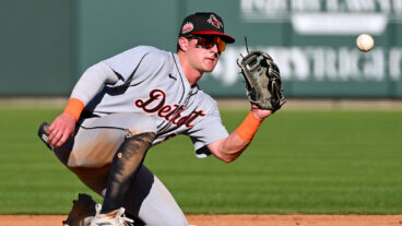 MESA, AZ - NOVEMBER 04: Kevin McGonigle #9 of the Scottsdale Scorpions catches the ball during the game between the Scottsdale Scorpions and the Mesa Solar Sox at Sloan Park on Tuesday, November 4, 2025 in Mesa, Arizona. (Photo by Norm Hall/MLB Photos via Getty Images)