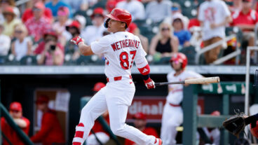 JUPITER, FL - MARCH 01: St. Louis Cardinals shortstop JJ Wetherholt (87) bats during an MLB Spring Training baseball game against the Washington Nationals on March 01, 2025 at Roger Dean Chevrolet Stadium in Jupiter, Florida. (Photo by Joe Robbins/Icon Sportswire via Getty Images)