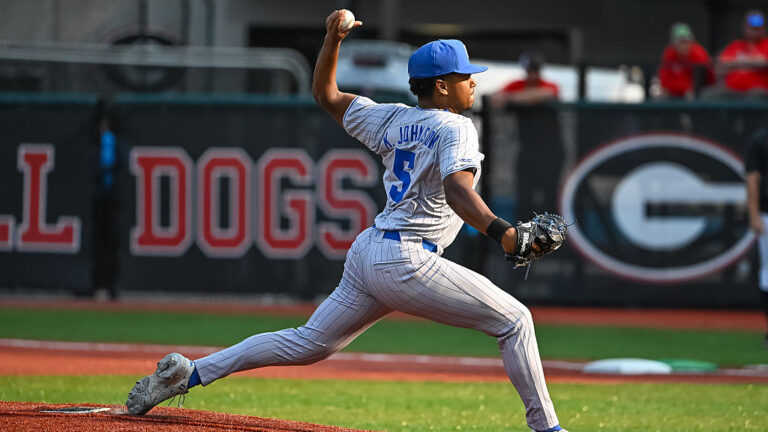 ATHENS, GA - MAY 31: Duke pitcher Kyle Johnson (5) the NCAA Division I regional baseball game between the Duke Blue Devils and the Georgia Bulldogs on May 31, 2025, at Foley Field in Athens, Ga. (Photo by John Adams/Icon Sportswire via Getty Images)