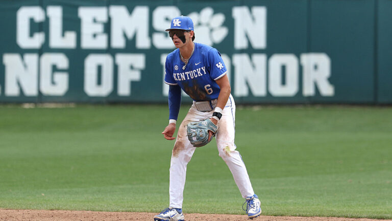 CLEMSON, SC - JUNE 01: Kentucky Wildcats infielder Tyler Bell (6) during a NCAA Division 1 college regional baseball playoff game between the Kentucky Wildcats and the Clemson Tigers on June 1, 2025 at Doug Kingsmore Stadium in Clemson, S.C. (Photo by John Byrum/Icon Sportswire via Getty Images)