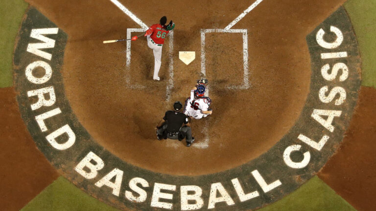PHOENIX, ARIZONA - MARCH 12: Randy Arozarena #56 of Team Mexico bats against Team USA during the World Baseball Classic Pool C game at Chase Field on March 12, 2023 in Phoenix, Arizona. Team Mexico defeated Team USA 11-5. (Photo by Christian Petersen/Getty Images)
