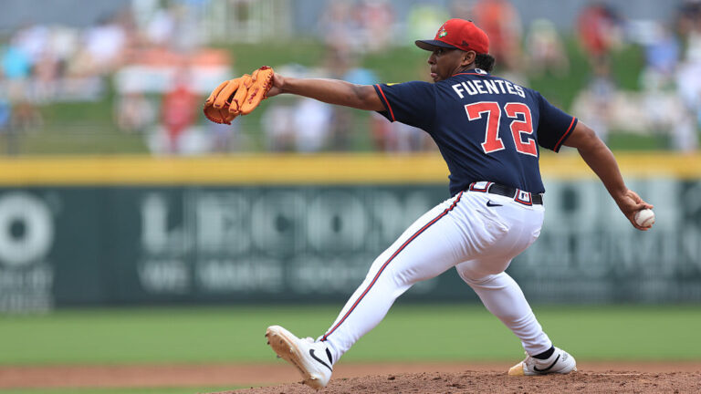 NORTH PORT, FL - MARCH 13: Didier Fuentes #72 of the Atlanta Braves delivers a pitch during the spring training game between the New York Yankees and the Atlanta Braves on March 13, 2026 at CoolToday Park in North Port, FL. (Photo by Jeff Robinson/Icon Sportswire via Getty Images)