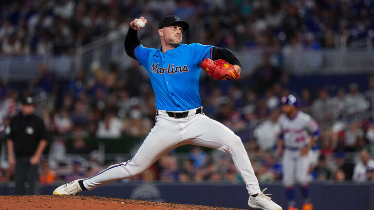 MIAMI, FLORIDA - SEPTEMBER 28: Calvin Faucher #53 of the Miami Marlins pitches in the game against the New York Mets at loanDepot park on September 28, 2025 in Miami, Florida. (Photo by Jasen Vinlove/Miami Marlins/Getty Images)