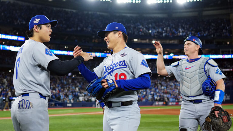 TORONTO, ON - OCTOBER 25: Shohei Ohtani #17 and Yoshinobu Yamamoto #18 of the Los Angeles Dodgers celebrate after the Dodgers defeated the Toronto Blue Jay in Game Two of the 2025 World Series presented by Capital One at Rogers Centre on Saturday, October 25, 2025 in Toronto, Ontario, Canada. (Photo by Daniel Shirey/MLB Photos via Getty Images)