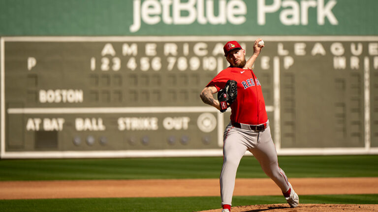 FORT MYERS, FLORIDA - FEBRUARY 11: Garrett Crochet #35 of the Boston Red Sox throws live batting practice during a workout at JetBlue Park at Fenway South on February 11, 2026 in Fort Myers, Florida. (Photo by Maddie Malhotra/Boston Red Sox/Getty Images)