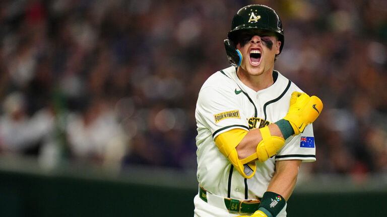 TOKYO, JAPAN - MARCH 05: Travis Bazzana #64 of Team Australia reacts after hitting a solo home run in the seventh inning during the 2026 World Baseball Classic Pool C game presented by dip between Team Chinese Taipei and Team Australia at Tokyo Dome on Thursday, March 5, 2026 in Tokyo, Japan. (Photo by Daniel Shirey/WBCI/MLB Photos via Getty Images)