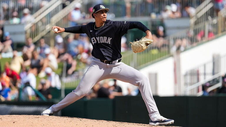 FORT MYERS, FL- FEBRUARY 27: Carlos Lagrange #84 of the New York Yankees pitches during a spring training game against the Minnesota Twins on February 27, 2026 at Hammond Stadium in Fort Myers, Florida. (Photo by Brace Hemmelgarn/Minnesota Twins/Getty Images)