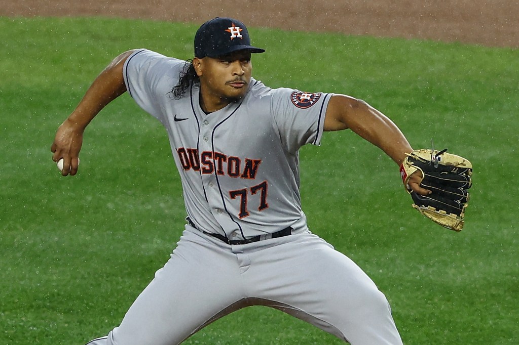 NEW YORK, NEW YORK - MAY 05: Luis Garcia #77 of the Houston Astros pitches in the first inning against the New York Yankees at Yankee Stadium on May 05, 2021 in New York City. (Photo by Mike Stobe/Getty Images)