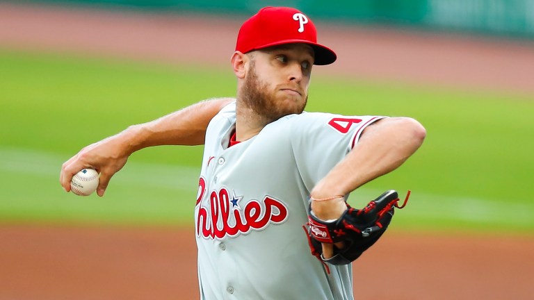 Zack Wheeler of the Philadelphia Phillies delivers a pitch in the first inning of an MLB game against the Atlanta Braves at Truist Park.