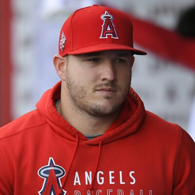 Mike Trout (27) of the Los Angeles Angels in the dugout before playing the San Francisco Giantson June 22, 2021 at Angel Stadium.