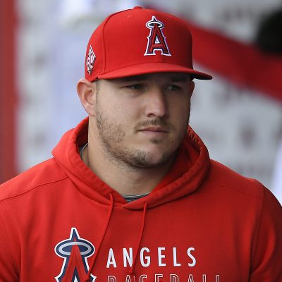 Mike Trout (27) of the Los Angeles Angels in the dugout before playing the San Francisco Giantson June 22, 2021 at Angel Stadium.